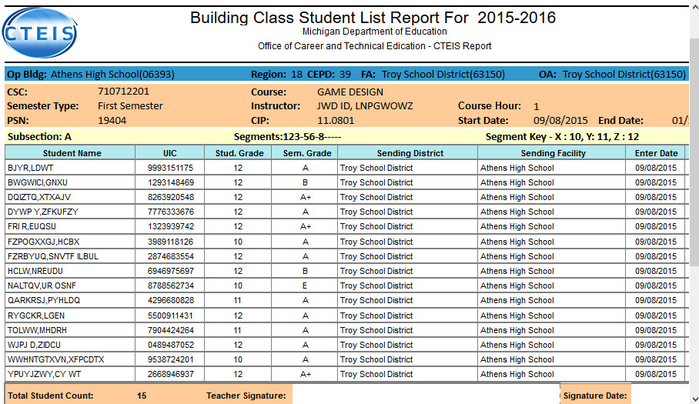 Class Student List Report
